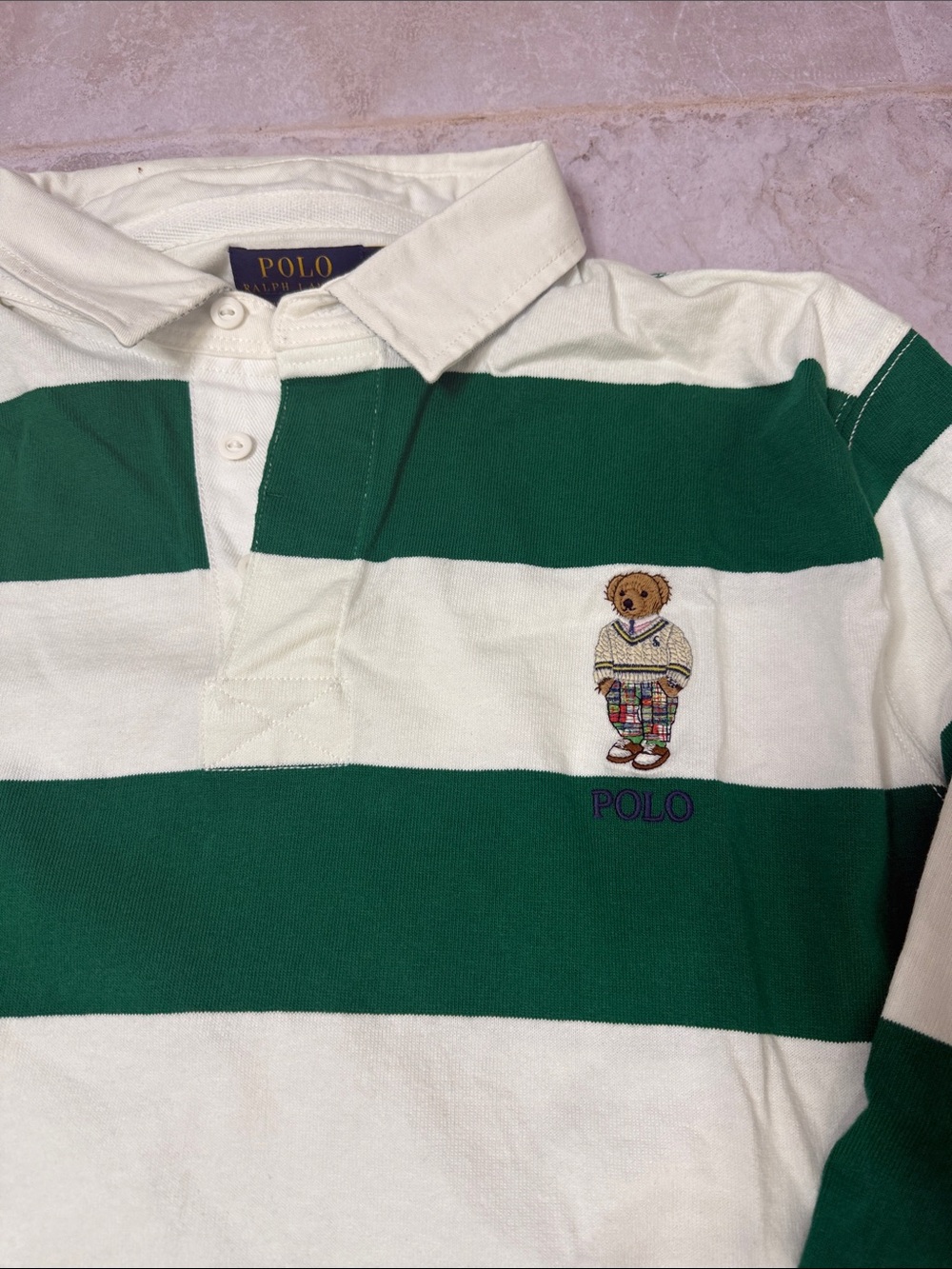 Polo Ralph Lauren Green/White Stripe Polo Bear Custom Slim Fit Rugby Polo Shirt - Picture 5 of 6